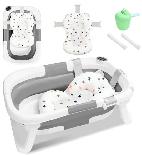 SWANEW Baby Badewanne Faltbar Babywanne Klappbare mit Einsatz Babybadewanne, mit Thermometer und Bath Mat, Baby-haarwaschbecher, Rutschfeste Baby Bathtub für Neugeborene 0-6 Jahre, Grau
