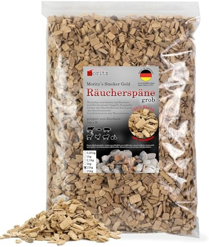 Moritz Copeaux de fumage en hêtre grossier, 15 kg, 6 à 12 mm, pour fumage à froid de poisson, viande, saucisse, fromage, légumes, également pour barbecue, farine de fumage