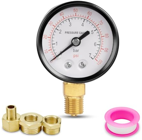 Innfeeltech 1-Pcs 50mm Well Pump Manometer BSP 1/4 0-7 Bar 0~100 Psi mit 2-Stück Buchse zu 3/8, zu 1/2 und 1-Stück Hex Nippel Reduzierend zu 1/8, ein Teflonband, Radial