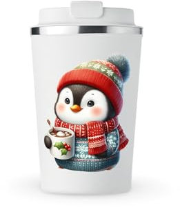 MAXIKIWI Isolierter doppelwandiger, auslaufsicherer Edelstahlbecher, Kaffee- oder Tee-Reisebecher mit Deckel, hält Getränke heiß und kalt – niedlicher Pinguin Weihnachten – 350 ml