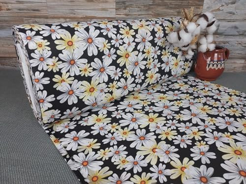 240cm Breit Meterware ab 50cm Popeline Baumwolle Stoff Baumwollstoff Kinderstoffe Stoffe Gänseblümchen Blumen Babystoffe Ranforce Bastelstoff ÖKO-TEX VP0B032 (Schwarz)