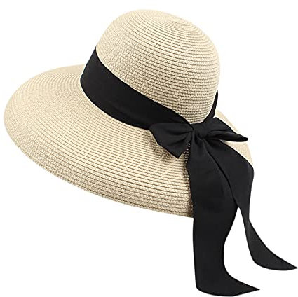 TDEOK Hat Fashion Hats Beach Foldable Bow Sun Summer Protective Caps Women Baseball Caps Bicycle Helmet Cap, beige, One Size