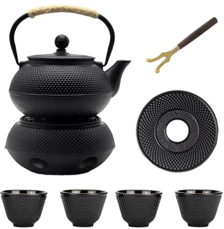 YJX Cast Iron Teapot Set with Cast Iron Warmer, Japanese Tetsubin Tea Kettle Set with Cups,Cast Iron Teapot with Stainless Steel Infuser and Enameled Interior(600ml Teapot Set Combination 1), Black