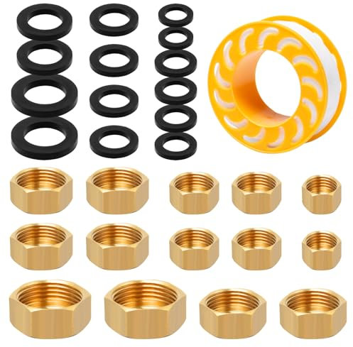 UTMACH Tappo Filettato in Ottone 14 Pezzi 1/8 1/4 3/8 1/2 3/4 Femmina Tappo Ottone con Guarnizione 14 Pcs e Nastro Teflon Idraulico Tappo Femmina per Tubi dell'Acqua Esterni da Giardino