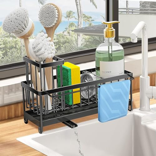 QCXWCJWD Organizer per Lavello da Cucina, Porta Spugne Lavello Cucina, Supporto per Lavello Cucina con Porta Asciugamani, con Porta Spazzole e Vassoio Autosvuotante