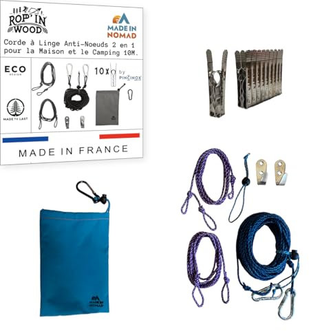 Rop'in Wood: Cuerda Tendedero Exterior Interior 10 M, con 2 Correas para Árboles, 2 Ganchos, 2 Mosquetones, 10 Pinzas Ropa Inox Irrompibles, Tendedero Pared y Camping Accesorios 2 en 1, Made in France