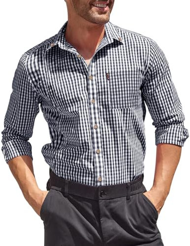 Misfuso Chemise Homme Casual à Carreaux Manche Longues avec Poche Poitrine Chemise Homme Décontractée en 100% Coton Noir L