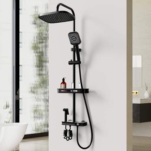LANMOU Colonne de Douche Noir, Ensemble de Douche Réglable en Hauteur, Colonne Douche Salle de Bain, Systeme de Douche avec Mitigeur et affichage de la température, Douche Set Douche de Piano