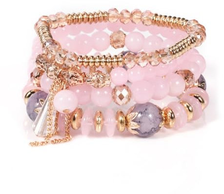 Hernin Damen Kristall Perlen Armband Boho Steine Armbänder Damen Mehrschichtiges Steine Armband Bohemian Perlen Armbander Stretch Stapelbare Bohemian Armbänder Boho Perlenarmband Set (Rosa)