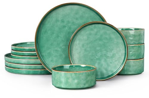 LIANYU Dinnerware Sets for 4, 12 Piece Plates and Bowls Dish Set, Stoneware Dinner Ware for Kitchen Dining, Microwave & Dishwasher Safe, Emerald Green
