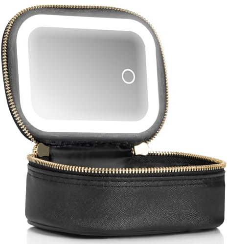 Extrei Gent Small Makeup Bag Travel Train Case with Mirror and Light Mini Travel Makeup Train Case Cosmetic Organizer 3 Adjustable Brightness Toiletry Bag Portable Artist Storage, Black, S, Mini Ature