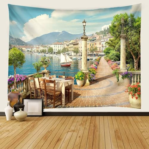 Daesar Wandteppich 150x130CM, Wandbehang Nordisch Küstenstadt Wandteppich Polyester Outdoor Kinderzimmer