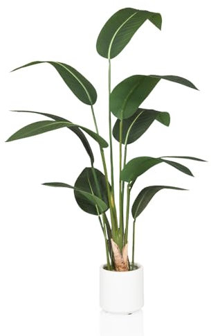 hjh OFFICE Kunstpflanze Paradiesvogel 150cm groß Strelitzia Künstliche Tropische Palme im weißen Topf, Deko Pflanze für Innen