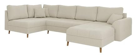S-Style Möbel Ecksofa Eckcouch Sofa Couch Wohnlandschaft 6 Sitzer U Form Rechts Kratzfest Massivholzfüße Braun Freistehend Cord Stoff Milo Beige
