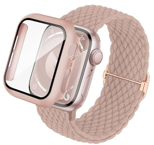 Raradev 3-in-1 Compatibile per Cinturini Apple Watch 45mm con Custodia e Proteggi Schermo, molla elastica tessuta e coperchio protettivo con vetro temperato 9H per iWatch Serie 9 8 7, Rosa