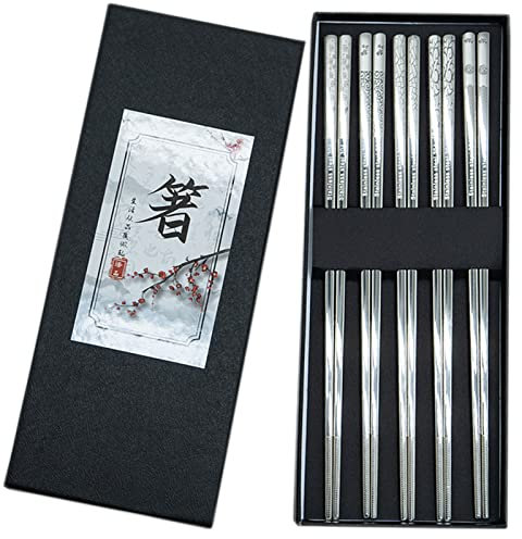 Essstäbchen Edelstahl 5 Paar, japanische Metall Hochwertige Wiederverwendbare EssStäbchen Titan EssStäbchen Halter, umweltfreundlich gesund Restaurant (Geschenk Verpackung)