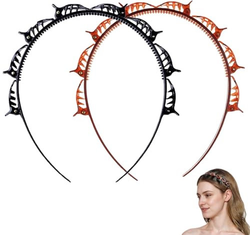 Heanvmyss Bandeau avec Clips,2 Pièces Bandeaux à Cheveux Double Couche avec Pinces,Serre-Têtes Tressés,Épingle Cheveux à Frange Antidérapant pour Femmes,Filles(Noir,Marron)