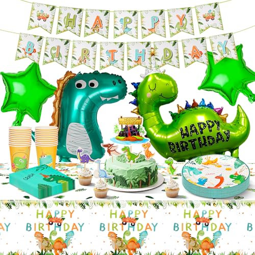 Dino Geburtstag Deko Set, 79 PCS Partygeschirr Kindergeburtstag für 20 Gäste mit Große Dino Folienballon Partyzubehörset Dinosaurier Tortenstecker Luftballons Pappteller Tassen Servietten Tischdecke
