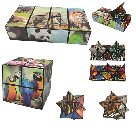 2-in-1 Tiermotiv, Infinity Cube, Shashibo Würfel, Zauberwürfel für Jugend, Fidget Cube für Feinmotorik und Konzentration, Reisespielzeug, Geschenk Jugend