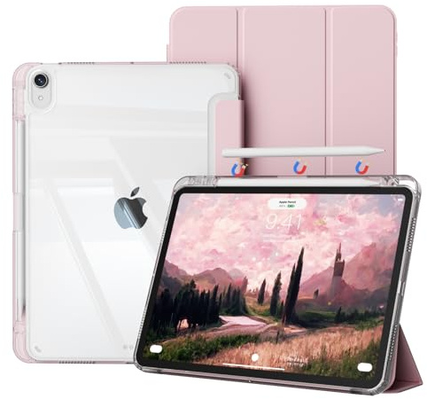 ZKTUYU Case for iPad Air 11 Inch M3 (2025) / M2 (2024), iPad Air 5th / 4th Generation (2022/2020) Shockproof Slim Clear Back Cover with Pencil Holder, Auto Wake/Sleep, Pink