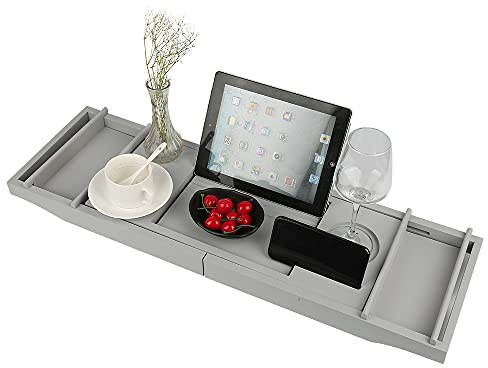 Plateau de Baignoire Bambou - Pont Baignoire Extensible Pliable Tablette avec Support pour Verre à Vin,Support et Porte-Savon pour La Maison,70-105cm*23 * 3cm (Gris)
