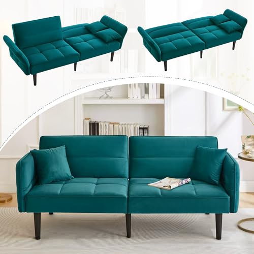 Oxtao Polstersofa 2-in-1 Verstellbares Schlafsofa, Zweisitzer mit Samtbezug, klappbaren Armlehnen & Schlaffunktion, ideal für kleine Räume (Grün)
