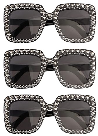 Chaks - Rechteckige Retro Sonnenbrille 3er Set mit Strass | Schwarz getönte Partybrille, Festival und Karneval Accessoire, Vintage Design mit Kunststoff Gestell