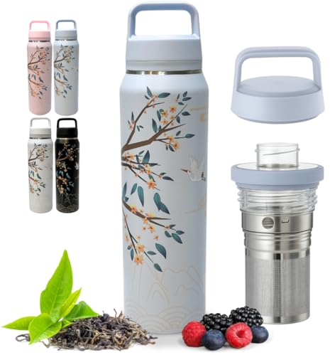 Farasi Tea Infuser Bottle for Loose Leaf Tea Insulated Stainless Steel Water Bottle Tumbler - Portable Coffee, Fruit, Loose Leaf Infuser Mug- Leakproof Blue Floral 24 oz