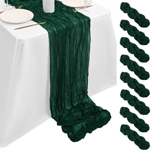 8 Stück Käsetuch Tischläufer Dunkelgrün 90x300cm, Käsetuch Rustikaler Dunkelgrün Rustikaler Gaze Stoff Transparent Boho Hochzeit Tischdekoration für Hochzeitsempfang Brautdusche Babyparty