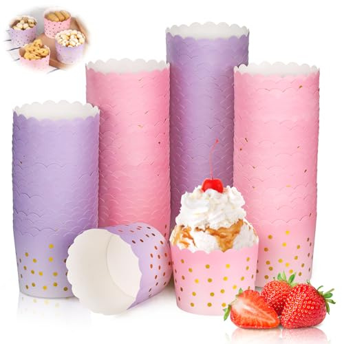 100 Stück Muffinförmchen Papier, 70 x 55mm Cupcake Förmchen mit Elegante Muster, Hitzebeständig Mini Muffins Papierförmchen, Eisbecher Pappe, Muffin deko für Hochzeit, Party, Geburtstag(Rosa Lila)