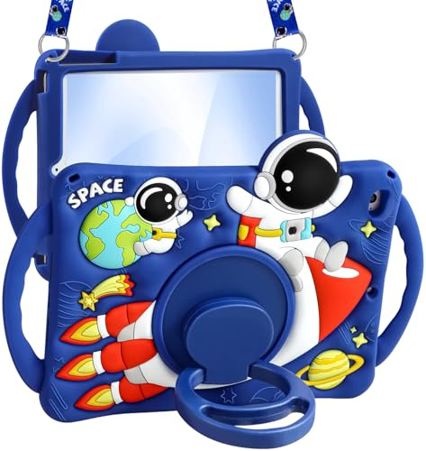 Boaretiu Kids Case for iPad mini 4/mini 5 Generation 7.9 Inch - Cute Cartoon Astronaut Spaceship Silicone Case with Strap & Rotating Stand Soft 3D Tablet Cover for Boys Teens