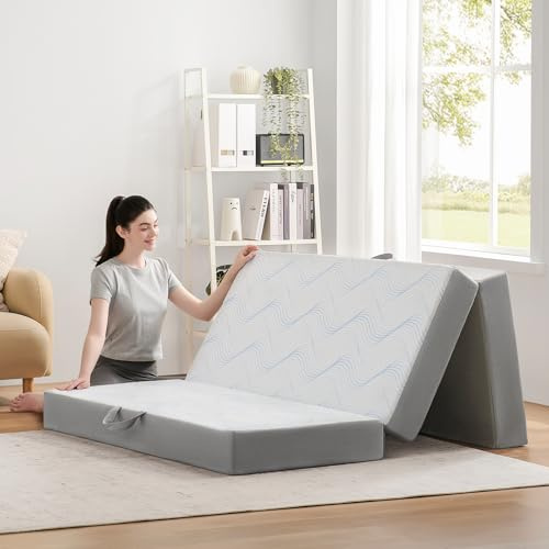 Puzdaz Foldable Mattress Queen, 6 Inch Memory Foam Folding Mattress Queen, Trifold Mattress with Breathable & Washable Cover, Portable Mattress for Guest Bed, 78x58x6