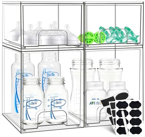 Baby Bottle Organizer, Stackable Storage Drawers with Label, Clear Station Organizers Container for Pacifiers, Pump Parts, Desk Organizer Bins for Bathroom, Cabinet, Pantry, Vanity, Countertop, 4 Pack