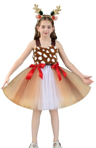Odizli Kinder Mädchen Rentier Elch Kleid + REH Ohren Haarreif Weihnachtsoutfit