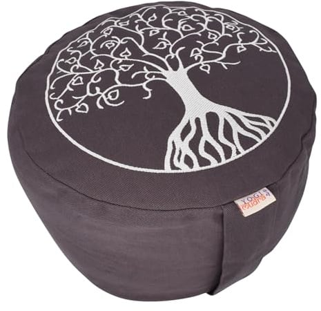 Yogimudra Meditationskissen Rund Ø30×15 cm – Buchweizenschalen-Füllung – Baum des Lebens – Bezug mit Reißverschluss – Innenkissen mit seitlichem Reißverschluss – Yogakissen (Grau)