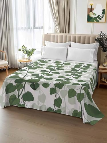Top Sheet Queen Bedding Flat Sheet Only, Spring Plants Ivy Microfiber Bed Sheets Soft Breathable Bedding Flat Sheets, Green Heartleaf Philodendron Hotel Luxury Top Sheets