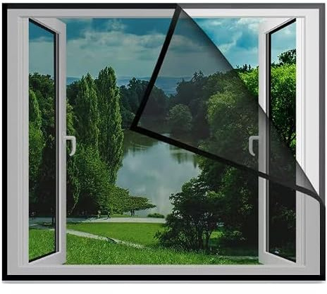 Self-Adhesives Window Fly Screen for Windows, Adjustable DIY Fly Mosquito Net, 1 PCS Tear-Proof Cat Bird Isolation Net, Indoor Cat Safety Netting (100x130cm,Black Net-Black Tape)