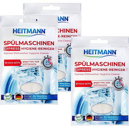 HEITMANN Express Spülmaschinen Reiniger 30g: Reiniger für Geschirr, 3fach aktiv gegen Fett, Kalk, Gerüche, wirkt schon im Kurzprogramm, spart Zeit, Energie und Kosten, 3x30g