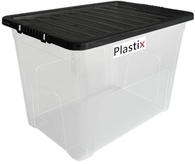 Plastix 75L 75 LITRE Clear Plastic Storage Box With Black Lid Home Office Stackable UK Made