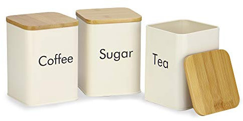 Kitchen Canister Set - 3 Piece | Cream Tins | Tea, Coffee & Sugar Canisters | Kitchen Container Set with Bamboo Lids | Food Storage Containers | M&W