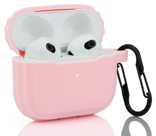 Case Cover Replacement for Apple Airpods 3rd Generation / 3 Gen 2021 New Earbuds, Pink Silicon Protective Skin Sleeve Accessory with Carabiner for Girl, Women- LEFXMOPHY