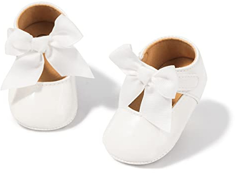 Bellocasa Baby Mary Jane Flats for Girls with Bowknot Cotton Anti Skid Sole Infant First Walker Princess Dress Crib Wedding Shoes(JY1978 White,2)