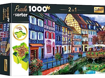 Trefl 10661 Set 2in1 Puzzle + Sorter, Puzzle 1000 Teile Bunte Stadt Colmar, Puzzle Sorter 6 Schalen, Ordnen, Sortieren, Transportieren und Aufbewahren, Kreative Unterhaltung,