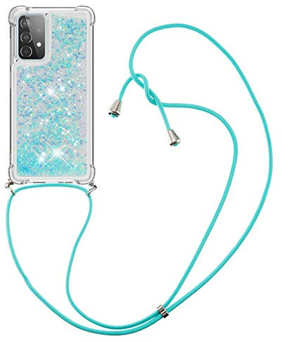 Handykette für Samsung Galaxy A53 5G Hülle mit Band, CaseLover Glitzer Flüssig Bewegende Treibsand Silikon Necklace Handyhülle mit Abnehmbar Kordel zum Umhängen Stossfest Schutzhülle Case, Silber Blau