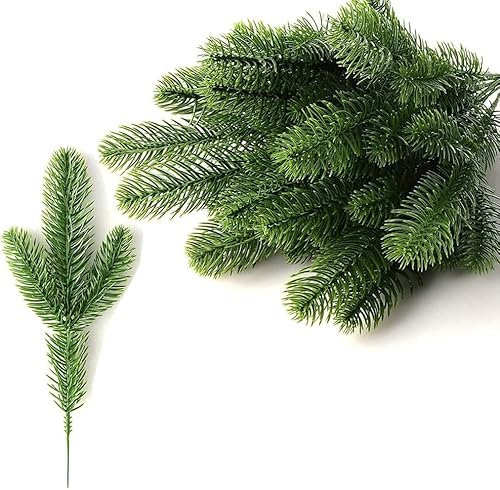 Feizeisun 60 Stück Künstliche Tannenzweige für Weihnachten, Künstliche Kiefernzweige Kunststoff Kiefernblätter Gefälschte Kiefernnadel DIY Zubehör für Girlandenkranz Weihnachtsverschönerung