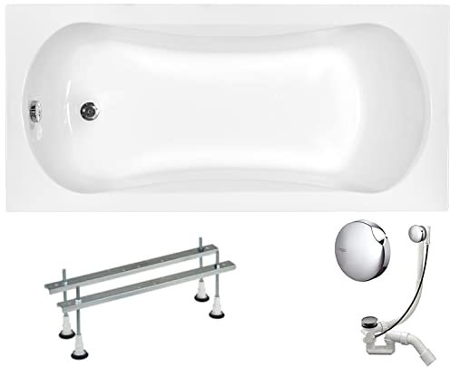 VBChome Acryl Badewanne 130x70 cm Weiß Rechteck Wanne Siphon Wannenfüße Design Modern Ablaufgarnitur in Chrom