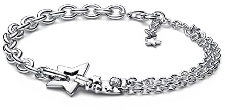 PANDORA Sternschnuppe Doppelkettenarmband aus Sterling-Silber mit Cubic-Zirkonia Steinen verziert, Moments Collection, Größe: 20, 592409C01-20