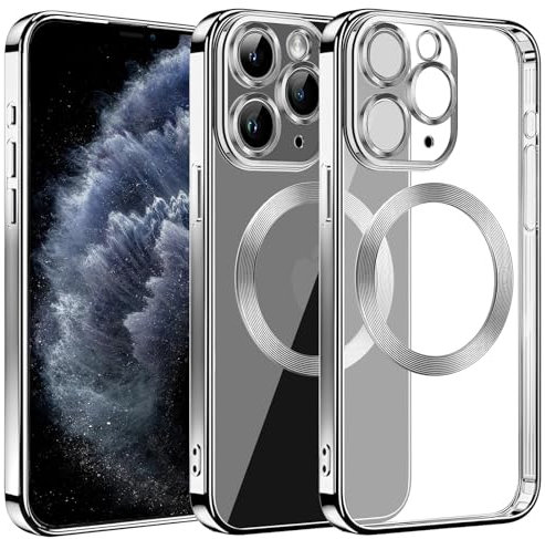S. Dawezo Klare Magnetische Hülle für iPhone 11 Pro, kompatibel mit MagSafe, Militärnorm Schutz, Kratzfest, Stoßfest, Schlanke Transparente Silikonhülle für iPhone 11 Pro Hülle, Silber