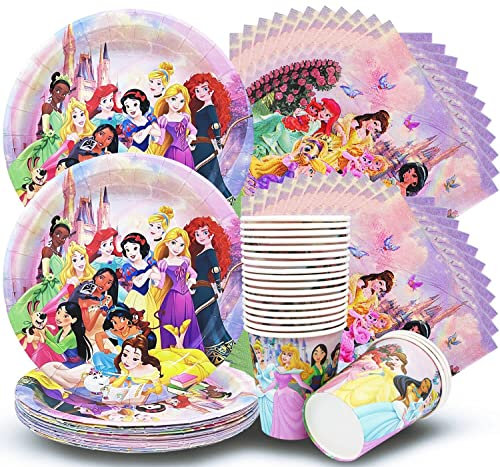 Vajilla para Fiesta de Princesa,Doyomtoy 60 Piezas Fiesta Temática Princesa Decoraciones de Cumpleaño Platos Tazas Servilletas de Suministros de Fiesta