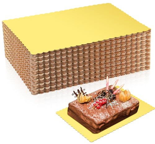 Crtiin 50 Pcs Rectangle Cake Board 14 x 10 Inches Scalloped Cake Boards Dessert Base Quarter Sheet Rectangular Cake Base for Pizza, Pastries Food Trays Greaseproof Pad (Gold)